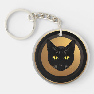 Porte-clefs Illustration de chat noir sur cercle doré