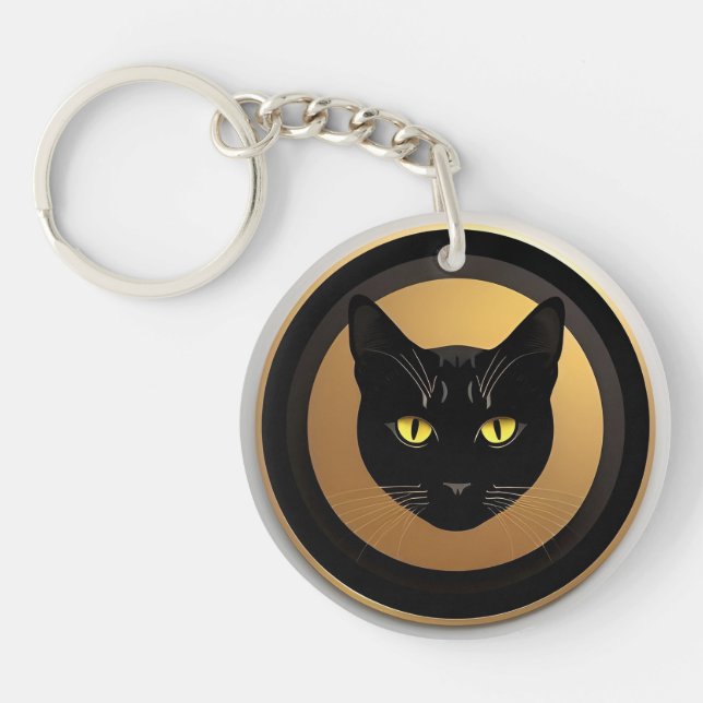 Porte-clefs Illustration de chat noir sur cercle doré (Devant)