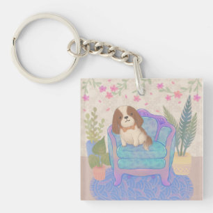 Porte-clefs Illustration de chiot mignon sur fauteuil vintage