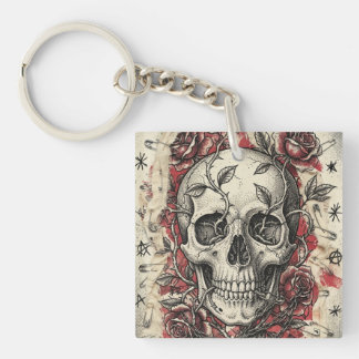 Porte-clefs Illustration de crâne et de roses Grunge Punk