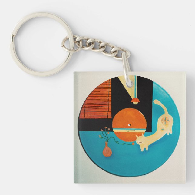 Porte-clefs Illustration de disque rétro de chat qui s'étire (Devant)