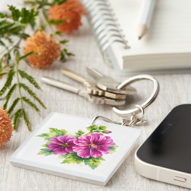 Porte-clefs Illustration de fleur à l'aquarelle violette  (Devant Droit)