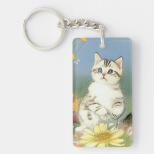Porte-clefs Illustration de Kitten vintage avec Fleurs Jaunes