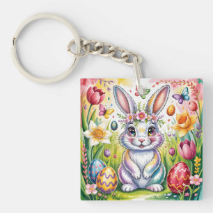Porte-clefs Illustration de lapin de Pâques coloré avec couron