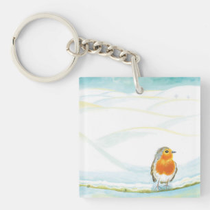 Porte-clefs Illustration de paysage hivernal blanc avec rouge-