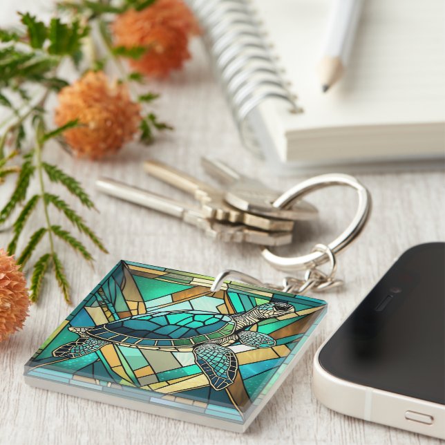 Porte-clefs Illustration de tortue marine en verre (Devant Droit)
