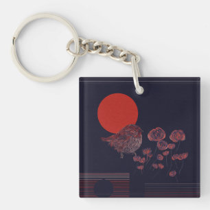 Porte-clefs Illustration du soleil rouge avec un rouge-gorge