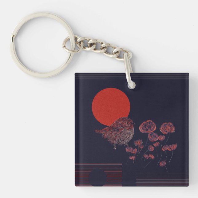 Porte-clefs Illustration du soleil rouge avec un rouge-gorge (Devant)