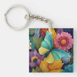 Porte-clefs Illustration florale et papillon détaillée