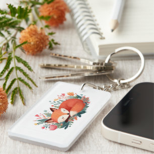 Porte-clefs Illustration Florale Renard Endormi Mignon