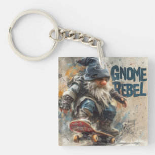 Porte-clefs illustration graphique de gnome rebelle en skatebo