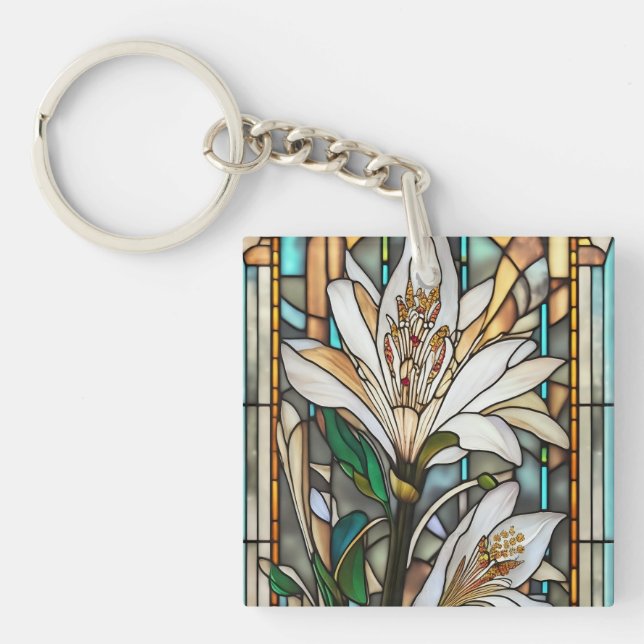 Porte-clefs Illustration Lily blanche en verre tendu (Devant)