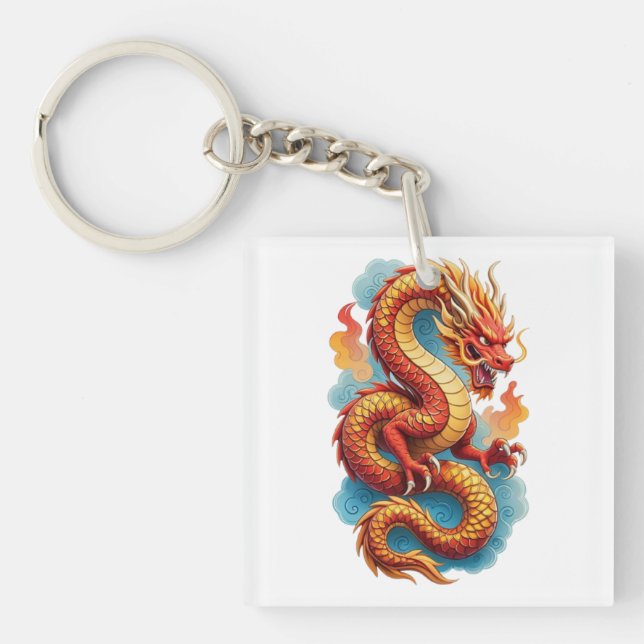 Porte-clefs Illustration rouge du dragon chinois ardent-67561 (Devant)