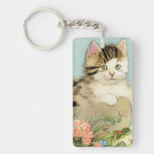 Porte-clefs Illustration vintage de chat avec fleurs roses