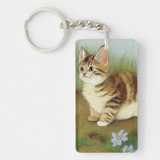 Porte-clefs Illustration vintage Kitten avec fleurs (Devant)