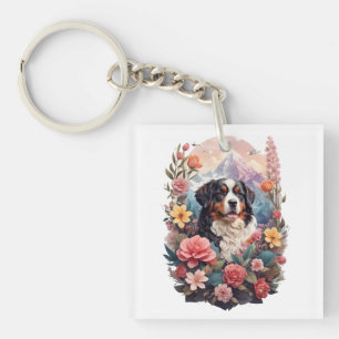 Porte-clefs imaginaire floral 3D Bernese Mountain Dog Birds Vi