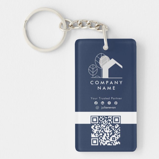Porte-clefs Immobilier Compagnie Marine bleu et blanc Code Qr (Devant)