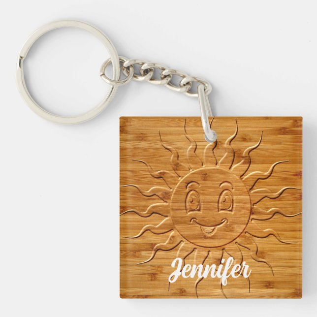 Porte-clefs Impression De La Face Solaire Souriante En Bois (Devant)
