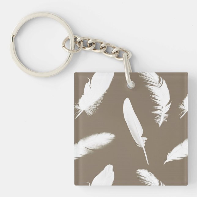 Porte-clefs Impression de plume blanche sur taupe (Devant)