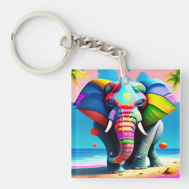 Porte-clefs Impression d'éléphant arc-en-ciel drôle et ludique (Devant)