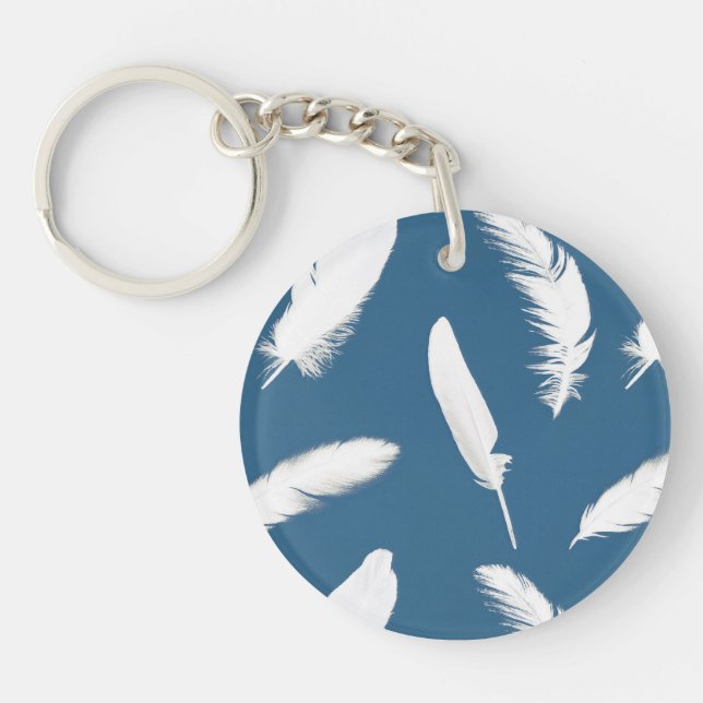 Porte-clefs Impression en plumes blanches sur bleu denim (Devant)