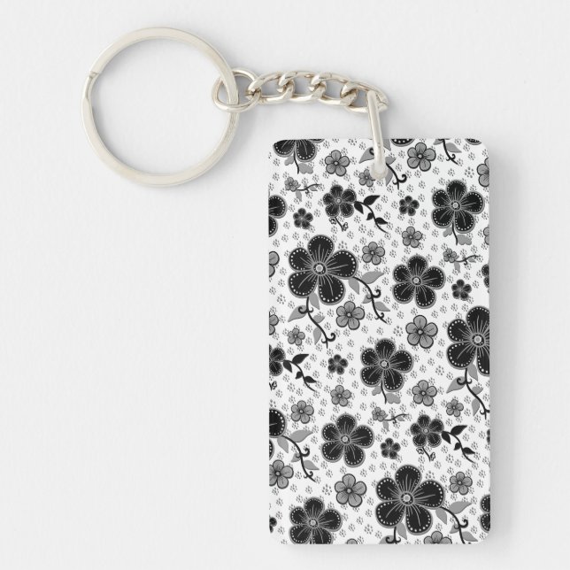 Porte-clefs Impression florale noire et blanche (Devant)