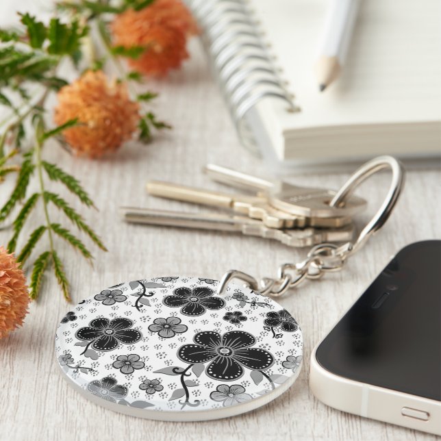 Porte-clefs Impression florale noire et blanche (Devant droit)