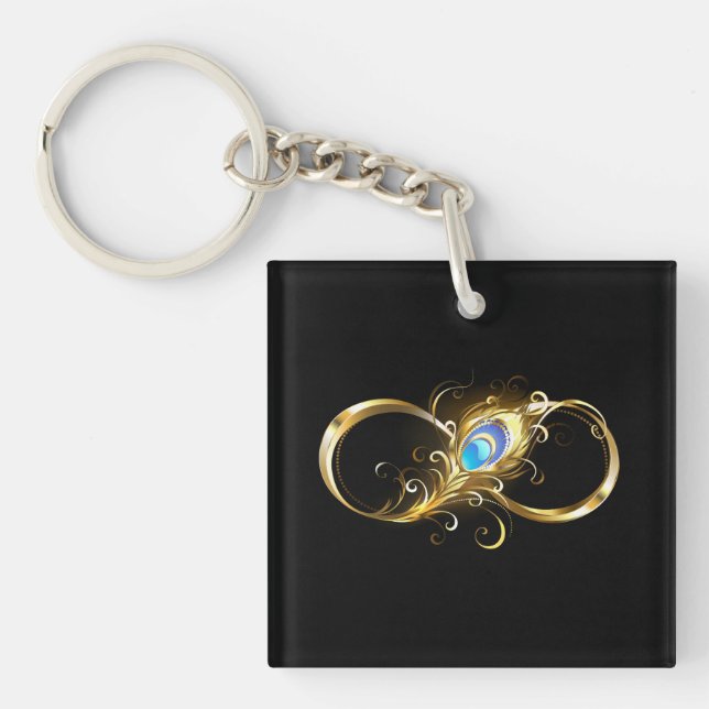 Porte-clefs Infinité avec plume de paon doré (Devant)