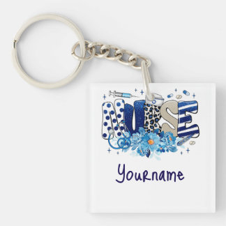 Porte-clefs Infirmière bleu audacieux motif animal, fleurs
