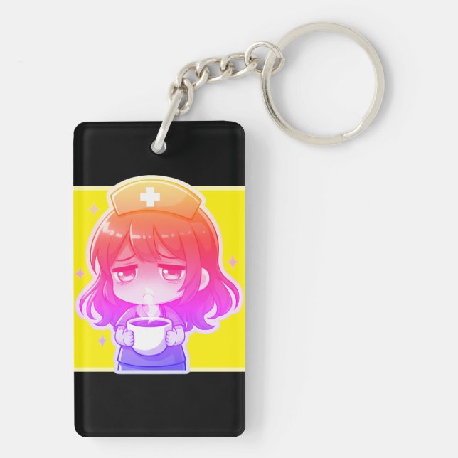 Porte-clefs Infirmière Chibi Originale - Café avec Fatigue (Dos)