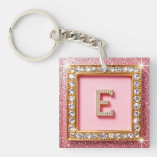 Porte-clefs Initiale Diamant E Cadre Doré Fond Pailleté Rose M