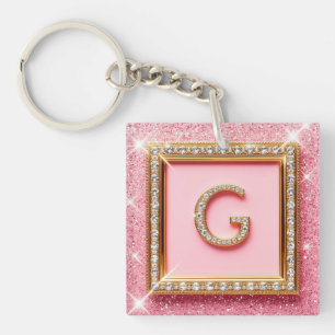 Porte-clefs Initiale Diamant G Cadre Or Paillettes Roses Monog