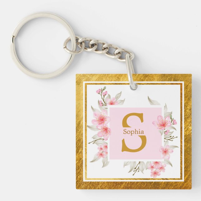 Porte-clefs Initiale florale rose | Monogramme élégant de fleu (Devant)