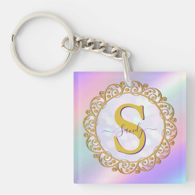 Porte-clefs Initiale iridescente chic avec ornement doré (Devant)