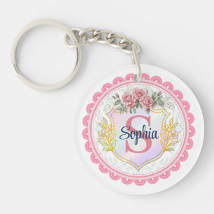 Porte-clefs Initiale & Nom de Monogramme Floral Élégant
