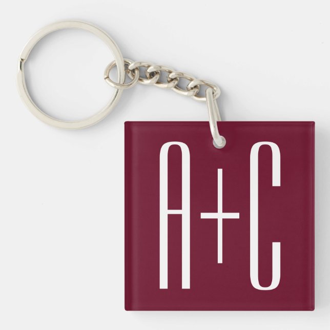 Porte-clefs Initiales de couples simples | Blanc et bordeaux (Devant)