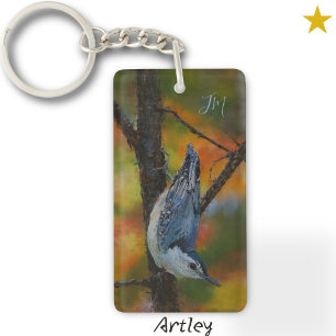 Porte-clefs Initiales de peinture d'oiseaux nuthatch à poitrin