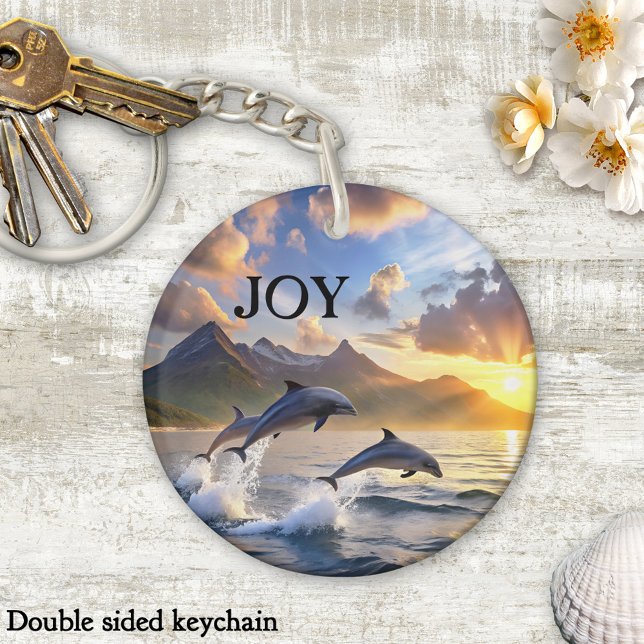 Porte-clefs Inspirational Dolphins Sunset Mountains Joy (Keychain featuring playful dolphins jumping from the ocean at sunset)