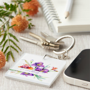 Porte-clefs Iris aquarelle violette personnalisée
