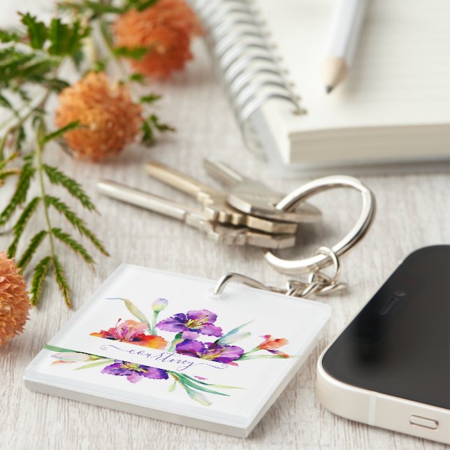 Porte-clefs Iris aquarelle violette personnalisée  (Devant Droit)