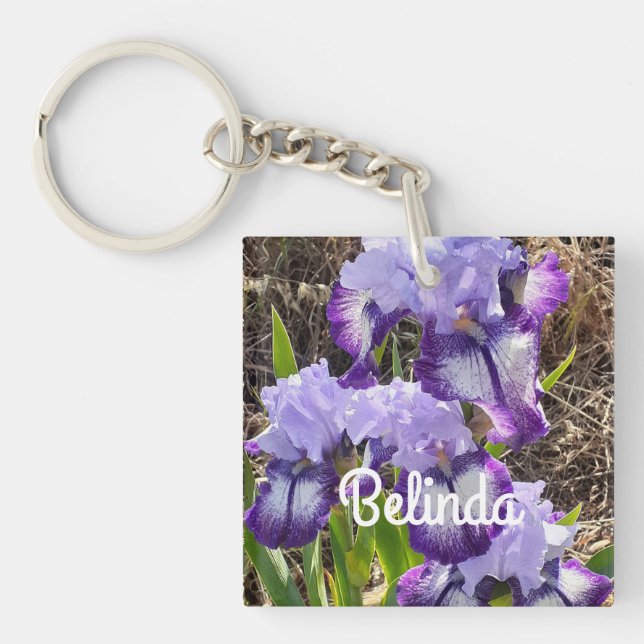 Porte-clefs Iris Irises Fleurs Violettes Fleurs Florales Nom (Devant)