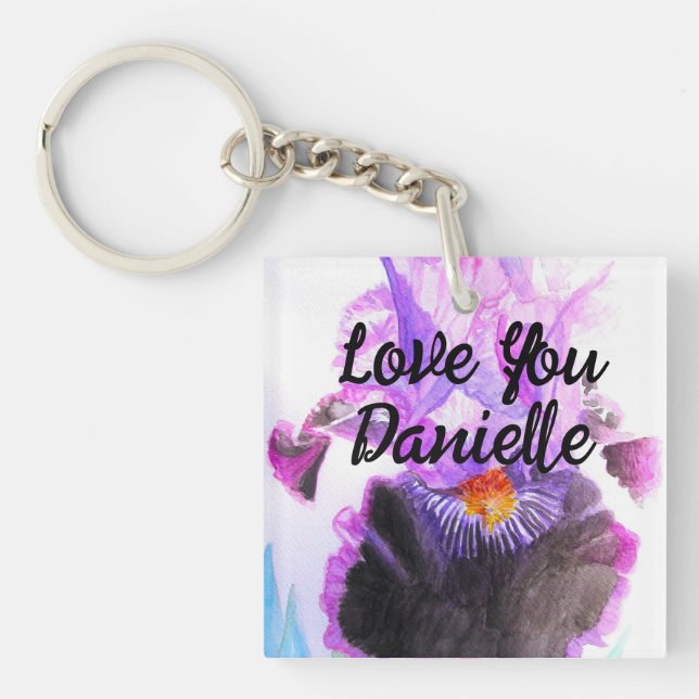 Porte-clefs Iris Pourpre Fleur Aquarelle Floral Anniversaire (Devant)