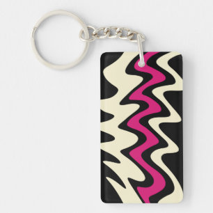 Porte-clefs Ivoire et rayures ondulées rose chaud