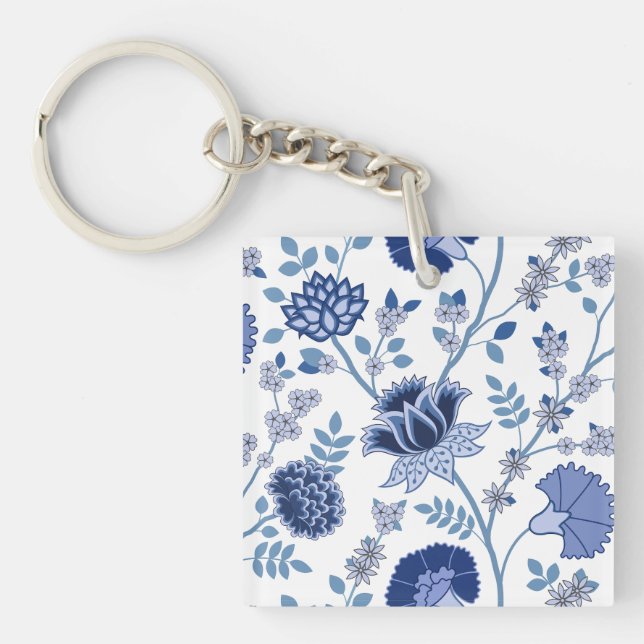 Porte-clefs Jacobean Floral Lg Motif Bleu sur Blanc (Devant)