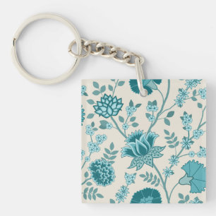 Porte-clefs Jacobean Floral Lg Motif Teals sur Crème