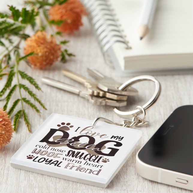 Porte-clefs J'AIME MON CHIEN Nom Photo Mots Descriptifs (Devant Droit)
