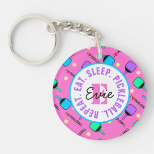 Porte-clefs J'aime Pickleball rose, avec le nom et l'initiale