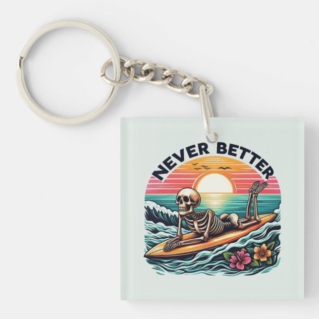 Porte-clefs Jamais mieux - Skeleton Surfing Sunset Wave Design (Devant)