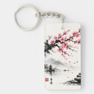 Porte-clefs Japanese Cherry Blossom Ink Wash Painting - Zen