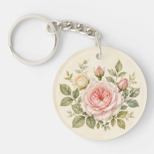 Porte-clefs Jardin de Cottage à la Rose Rosée Aquarelle